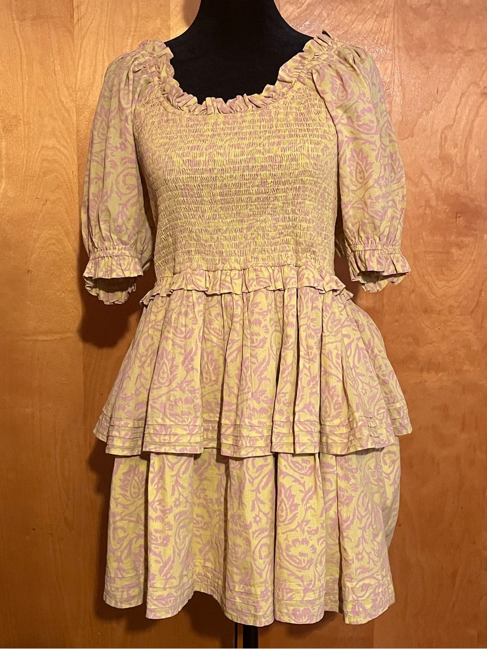Cleobella Small Luna Yellow Camellia Print Smocked Tiered Mini Dress